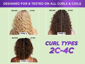 Before and after comparisons of each curl type (wavy, curly, and coily).