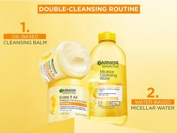 Double cleansing routine: Garnier Makeup Cleansing Balm and Micellar Cleansing Water