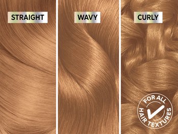 Swatches of straight, wavy, and curly hair in Nutrisse Ultra Color LC2 – High-Lift Dark Blonde (Coconut Flan).