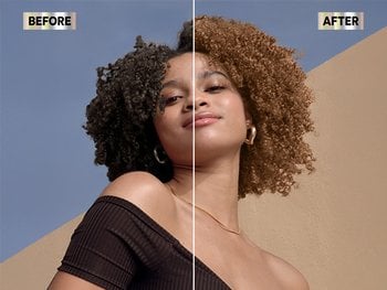 Before & after of woman using LC1 Nutrisse Ultra Color Caramelo Blondes hair dye.