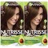 Front view of Garnier Nutrisse Ultra Crème Nourishing Permanent Color. 2 kits are shown in shade 50 Medium Brown Truffle. This vegan formula contains 5 fruit oils and offers 100% gray coverage.