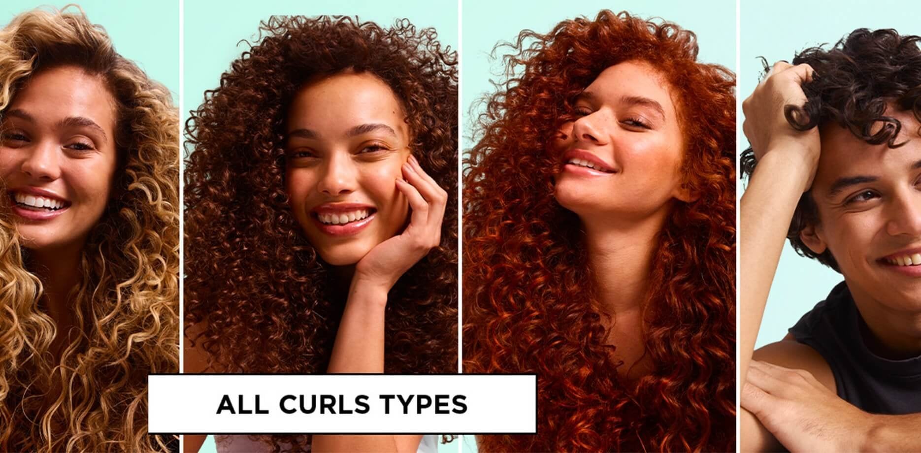 Four smiling models with blonde, brunette, red, and dark curly hairstyles ranging from loose waves to tight coils, labeled "All Curls Types" to showcase diverse curl patterns.