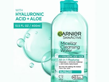 Garnier SkinActive Micellar Cleansing Water with Hyaluronic Acid + Aloe, 400ml bottle, for all skin types, replumps and cleanses.
