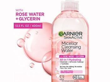 Garnier SkinActive Micellar Cleansing Water with Rose Water + Glycerin, 400ml bottle, hydrates, cleanses, and removes makeup.