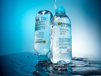 Garnier SkinActive Micellar Cleansing Water, waterproof makeup remover formula, in blue-capped bottles, cleansing and soothing.