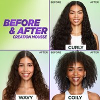 Before and after Garnier Fructis Creation Mousse for wavy, curly, coily hair.