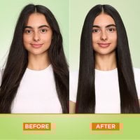 Before and after long straight frizzy hair with Brilliantine Shine Glossing Spray.