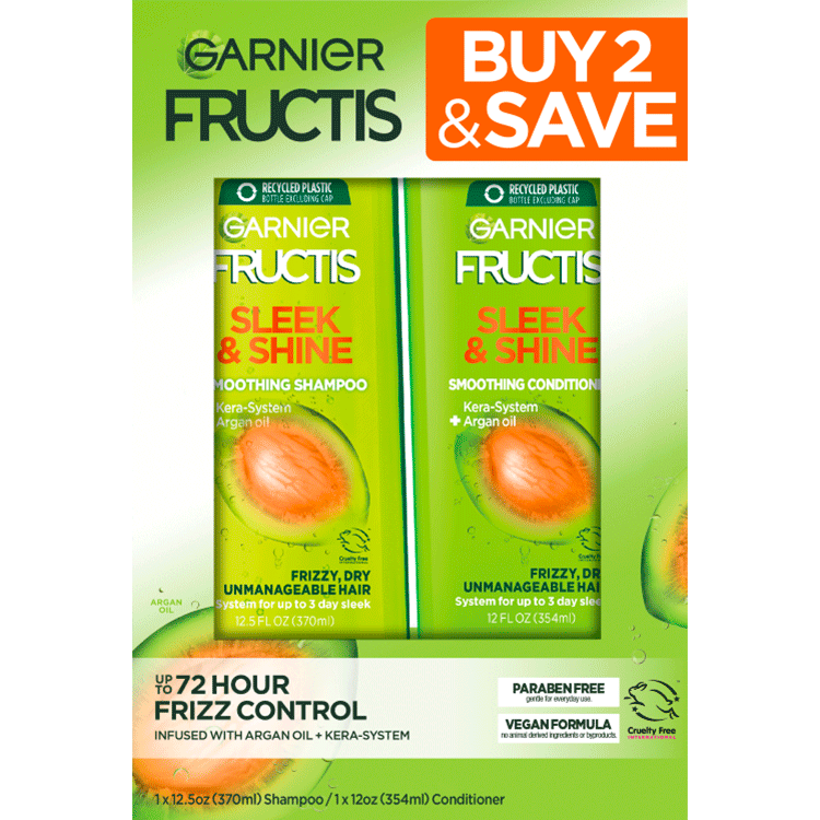 Garnier Fructis Sleek & Shine Shampoo (22 Fl Oz) + Conditioner (21 Fl Oz)  Set for Frizzy, Dry Hair, Plant Keratin + Argan Oil (2 Items), 1 Kit