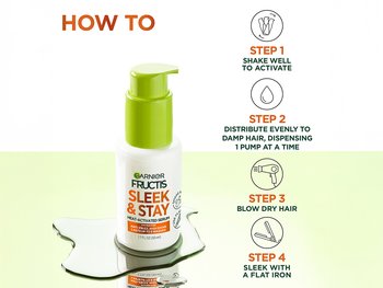 A Garnier Sleek & Shine heat-activated serum. This serum is heat-activated to deliver up to 5 washes of frizz control when using the Sleek & Stay system.