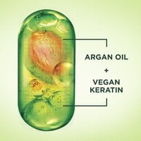 Green capsule with Argan Oil and Vegan Keratin ingredients labeled.