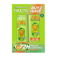 Front of Pack of Fructis Sleek & Shine Shampoo + Conditioner