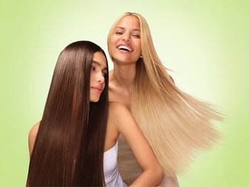 Before and after of female model using Sleek & Shine Shampoo and Conditioner.