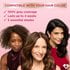 Three diverse women smiling, showcasing different hair colors including dark, medium brown, and auburn. Text above them states 'COMPATIBLE WITH YOUR HAIR COLOR,' '100% gray coverage,' 'Lasts up to 4 weeks,' and '5 essential shades,' suggesting a hair color product.