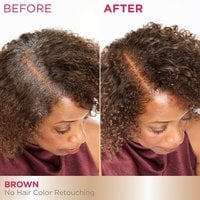 A 'Before and After' comparison showing the top of a woman's head. The 'Before' image displays visible gray hair at the roots along her part, while the 'After' image shows her hair uniformly dyed brown with no gray roots visible.