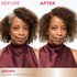 A 'Before and After' comparison of a smiling woman. The 'Before' image shows her with significant gray hair at her temples and roots, while the 'After' image shows her hair fully brown, covering all the gray.