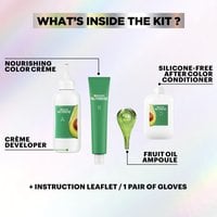 What’s inside the kit: developer, color crème, fruit oil ampoule, after-color conditioner