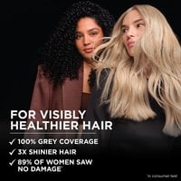 Two models, one with dark hair and one with light blonde hair, showcase visibly healthier, shiny hair after using Garnier Olia.