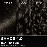 Hair swatches displaying Garnier Olia on straight, wavy, and curly hair textures.