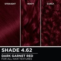 Hair swatches displaying Garnier Olia on straight, wavy, and curly hair textures.