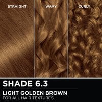 Hair swatches displaying Garnier Olia on straight, wavy, and curly hair textures.