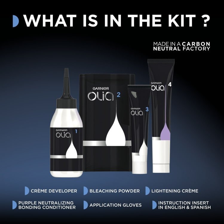 Kit contents include crème developer, bleaching powder, lightening crème, conditioner, application gloves, and instructions