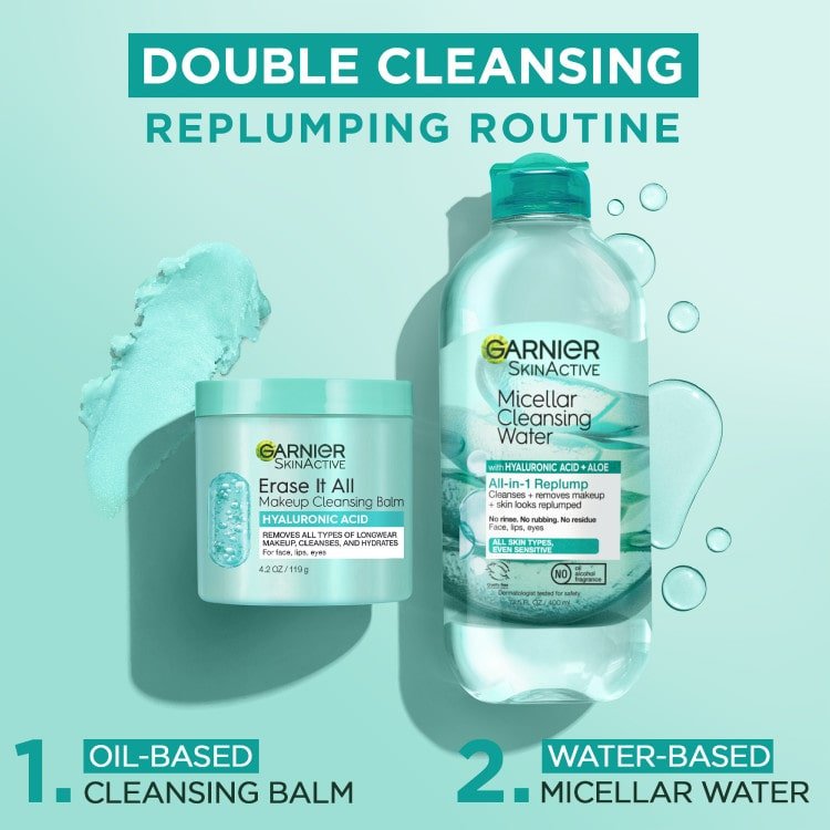 Double cleansing brightening routine with Hyaluronic Acid Oil Based Cleansing Balm and Water-Based Micellar Water