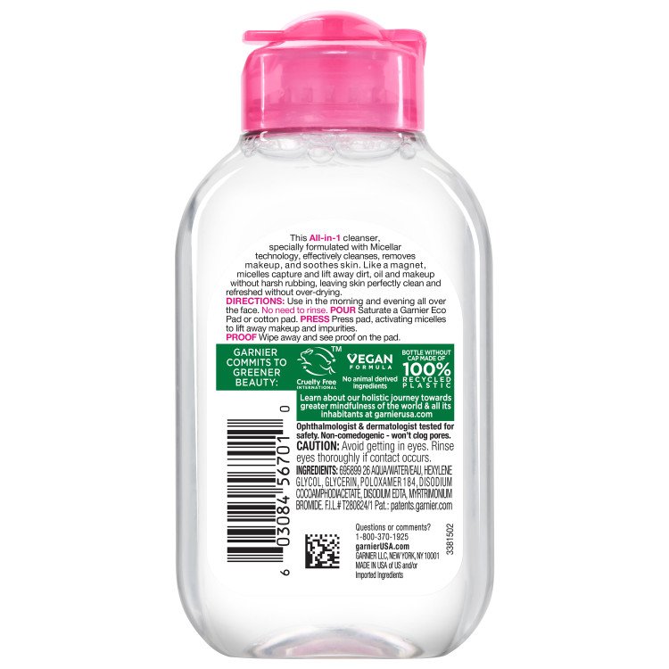 Back of pack of Garnier Micellar Cleansing Water All-in-1 100mL