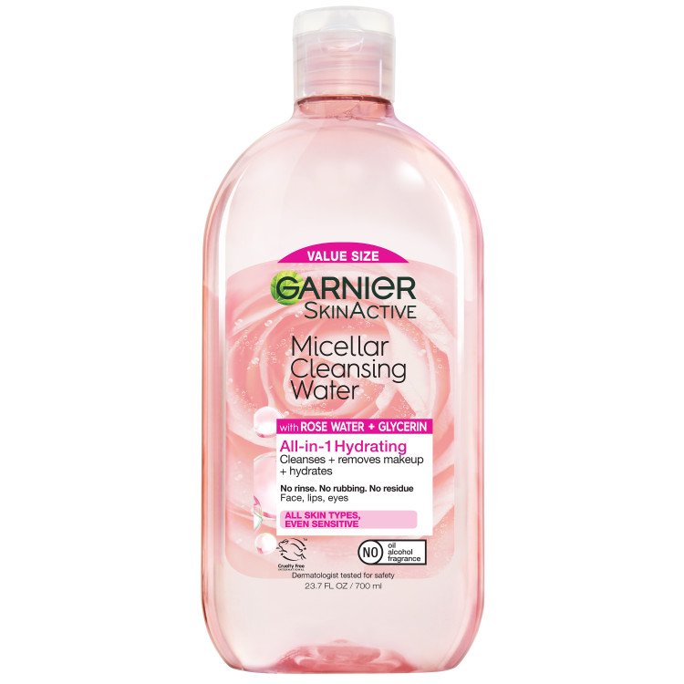 Front of pack of Garnier Micellar Cleansing Water with Rose Water and Glycerin 700mL