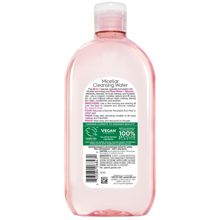 Back of pack of Garnier Micellar Cleansing Water with Rose Water and Glycerin 700mL