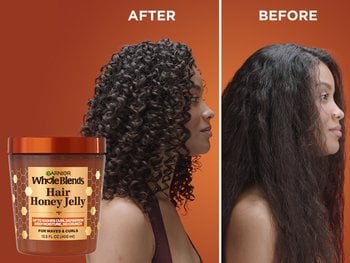 Model’s curly hair with and without Whole Blends Hair Honey Jelly