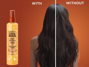 Model’s hair with and without Whole Blends Hair Honey Milk