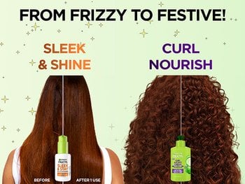 An image with the text "FROM FRIZZY TO FESTIVE!" at the top, showing two hair transformations. On the left, under "SLEEK & SHINE", a person's straight hair is split into "BEFORE" (frizzy) and "AFTER 1 USE" (sleek) with a Garnier Fructis Sleek & Stay product bottle. On the right, under "CURL NOURISH", a person's curly hair is split to show a more defined, nourished curl pattern, with a Garnier Fructis Curl Air Dry Cream bottle below.