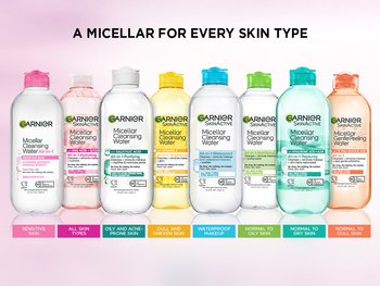Entire range of Garnier Micellar Cleansing Water All-in-1 in front of a soft-pink background. Bottles are all facing forward with copy blocks under each identifying their use case such as "sensitive skin", "all skin types" and "oily and acne-prone skin".